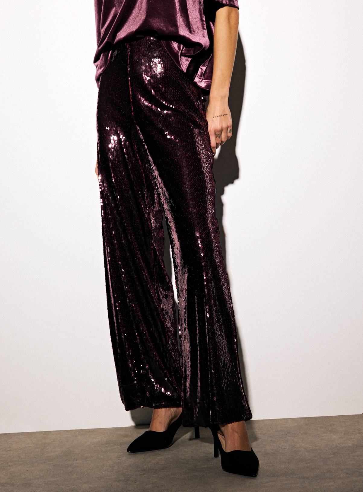 Burgundy Sequin Embellished Wide Tailored Trousers  12L - Image 1
